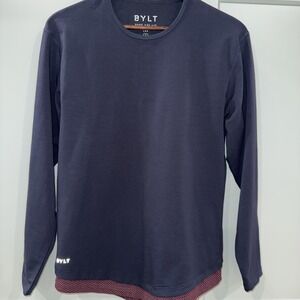 BYLT Shirt Navy‎ Drop Cut Long Sleeve Dual Layer Lux Gym Athleisure Men's Small